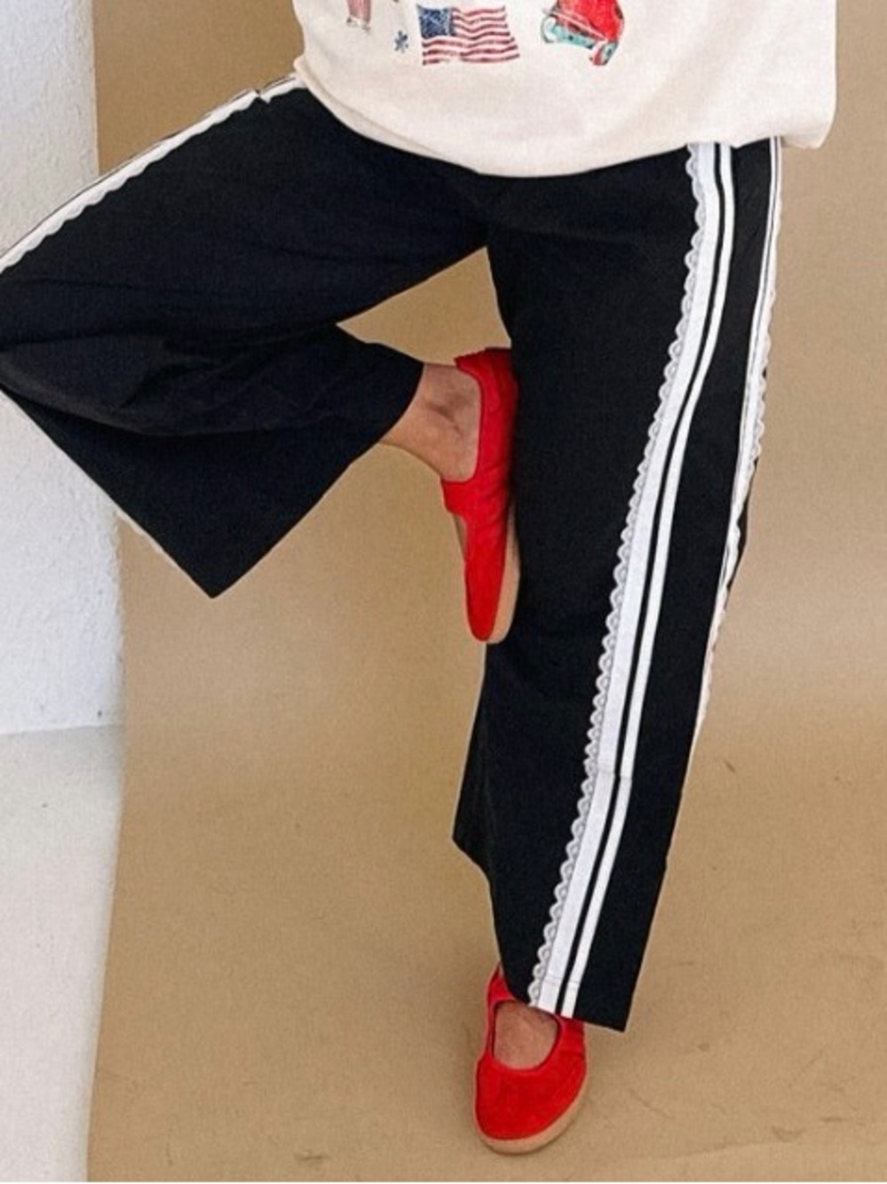 Women's Black Wide-Leg Track Pants with White Side Stripes